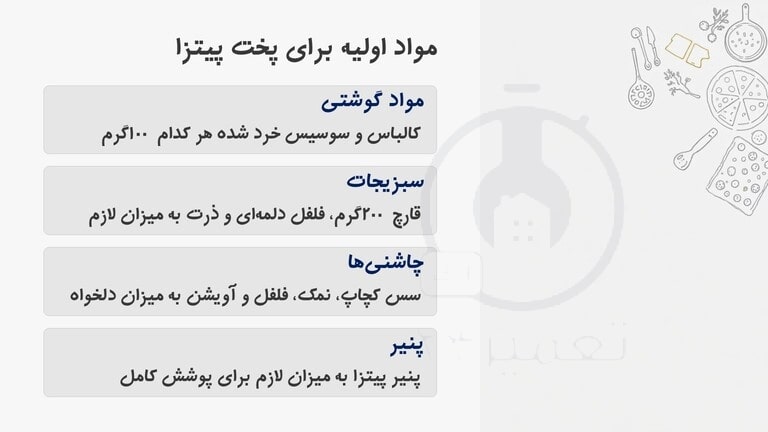 مواد اولیه برای پخت پیتزا در ماکروفر و سولاردام