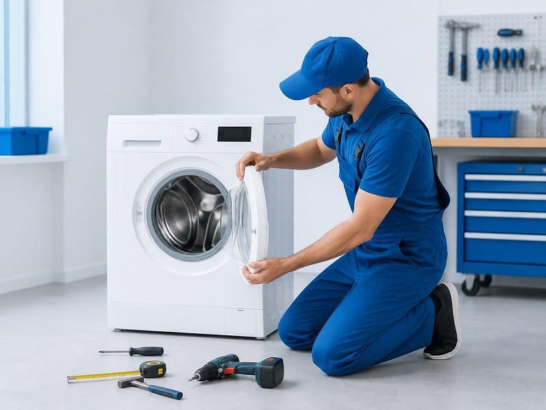 تعمیرکار در حال تعمیر درب لباسشویی بهی در محل