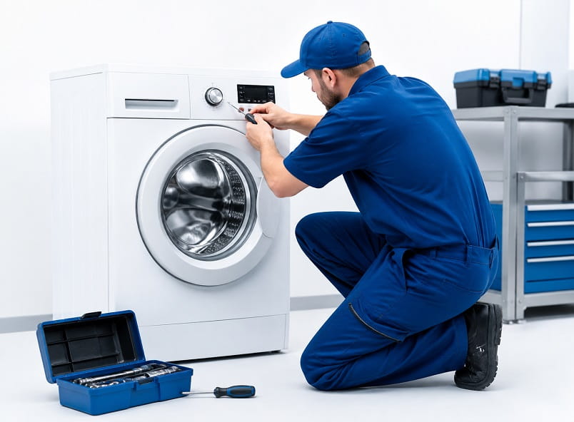 تعمیرکار در حال عیب یابی لباسشویی بهی در محل