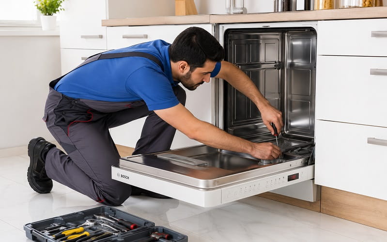 تعمیرکار ظرفشویی بوش در حال رفع کد خطا