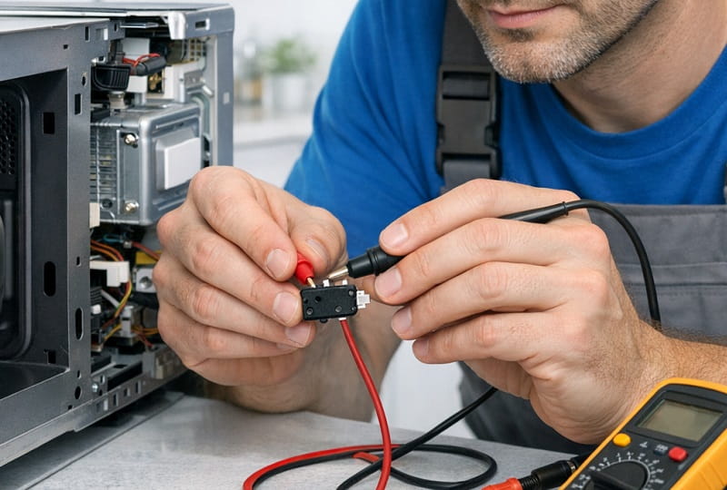 تعمیرکار در حال بررسی مشکل میکروسوئیچ درب ماکروفر