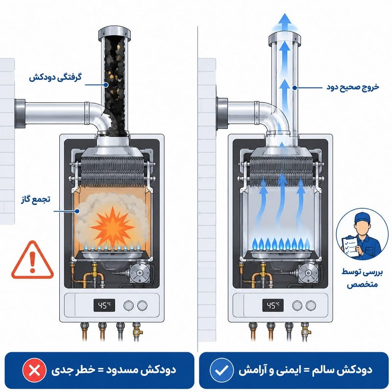 گرفتگی یا نصب نادرست دودکش در زمان انفجاری روشن شدن پکیج