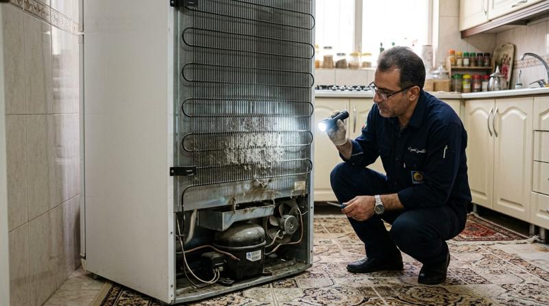 تعمیر کار در حال بررسی کثیفی کندانسور یخچال الکترواستیل