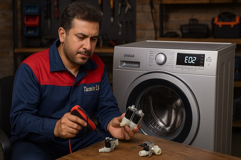 خرابی شیر برقی و تأثیر آن بر کد خطای E02 لباسشویی اسنوا