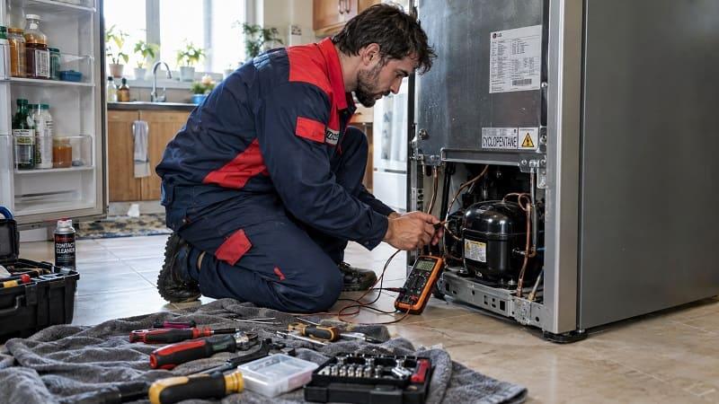 تصویری از تعمیرکار نمایندگی بوش شمال تهران در حال تعمیر یخچال