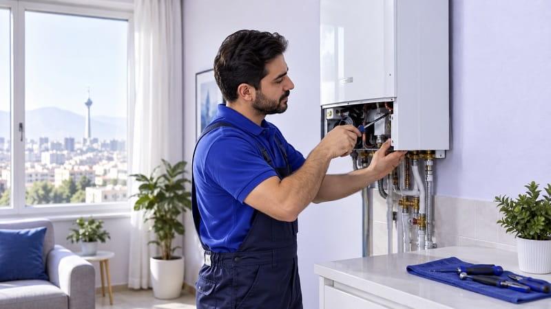 تعمیرکار پکیج در حال عیب یابی در محل